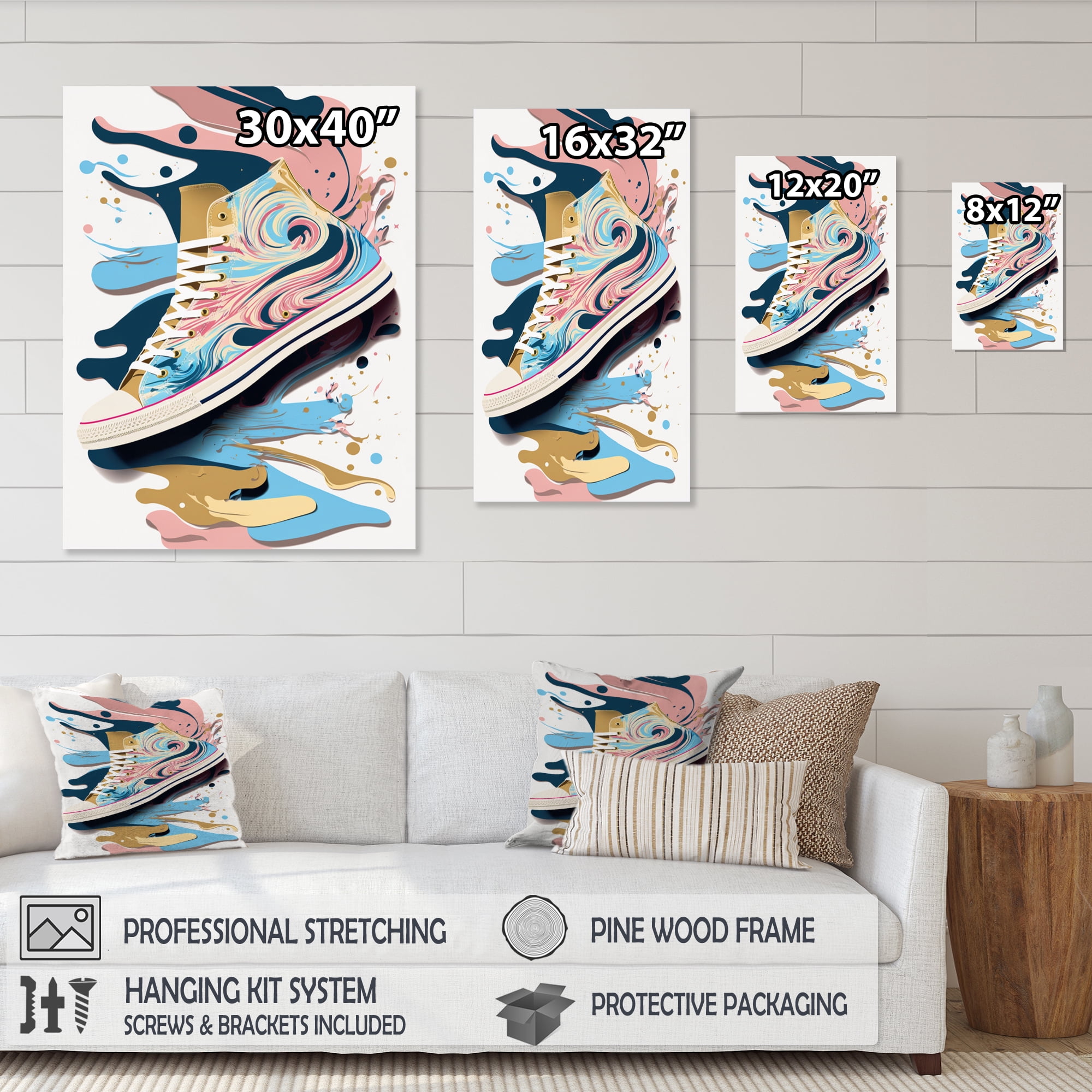 Designart Pink And Blue Art Deco Sneaker Shoe Canvas Wall Art