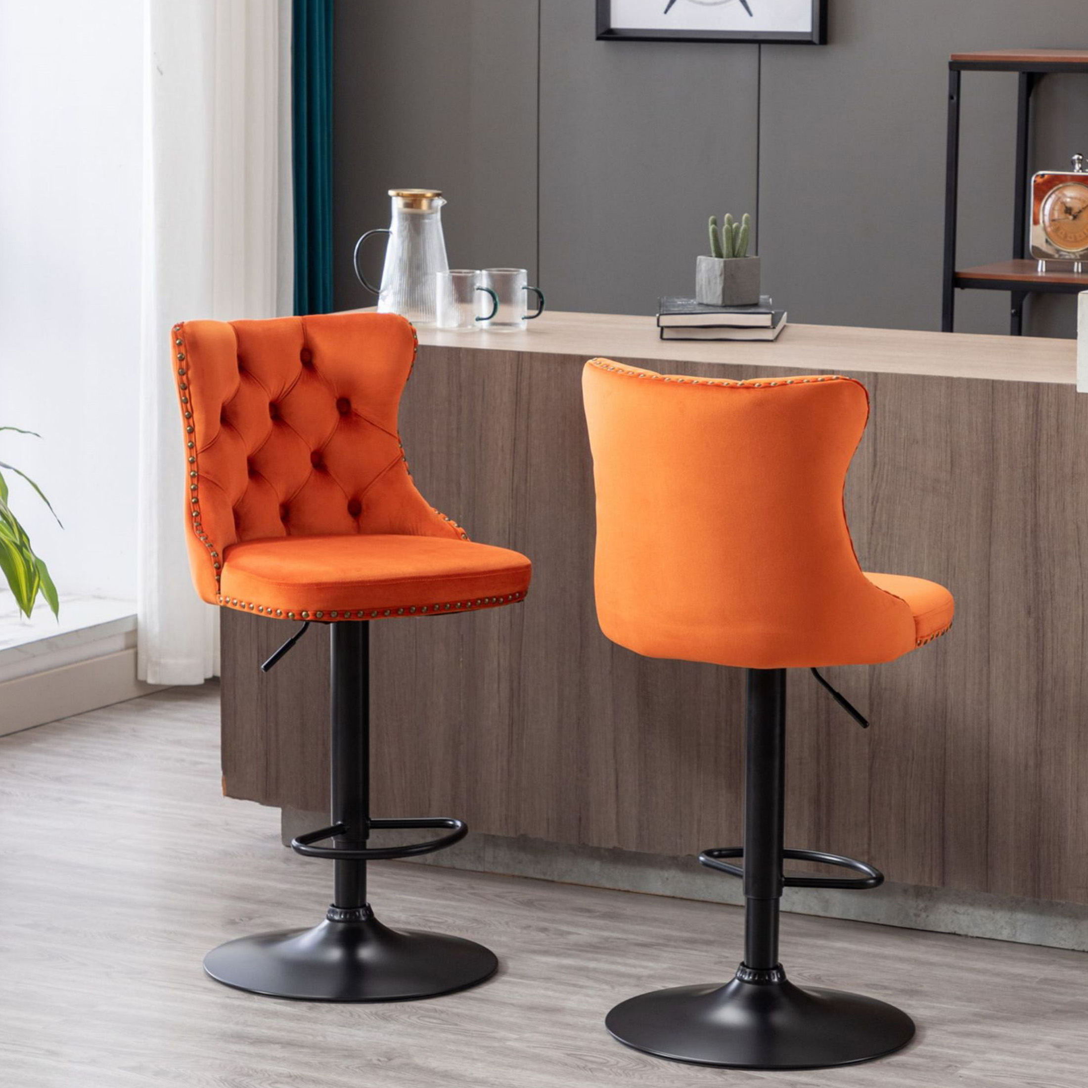 PORKISS Bar Stools, Velvet Adjustable Swivel Barstools with Back Set of 2, Modern Upholstered Kitchen Island Chairs with Tufted for Home Bar, Orange
