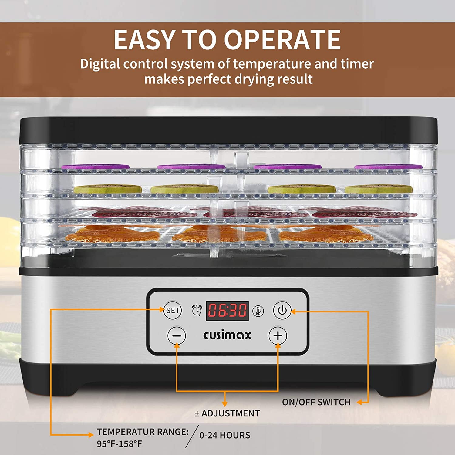 CUSIMAX Electric Dryer Dehydrators Machine,with Digital Timer & Temperature  Control,for Beef Jerky Fruits Meat Herbs Vegetables, 5 BPA-Free Trays,  Overheat Protection,Red 