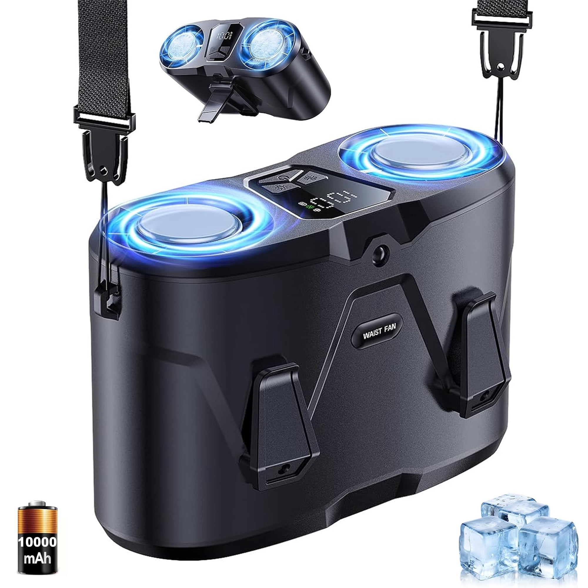 Dual-Motor Rechargeable Waist Fan with Ice Cooling, High-Speed Neck Belt Clip-on Fan, LED Display & Flashlight, Hands-Free Personal Fan for Work Outdoor Travel, Black