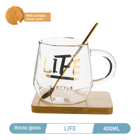 

400Ml Creative Geometric Clear Glass Phnom Penh Printed Letter Pattern Handle Bamboo Coaster Lid and Spoon Cup Set