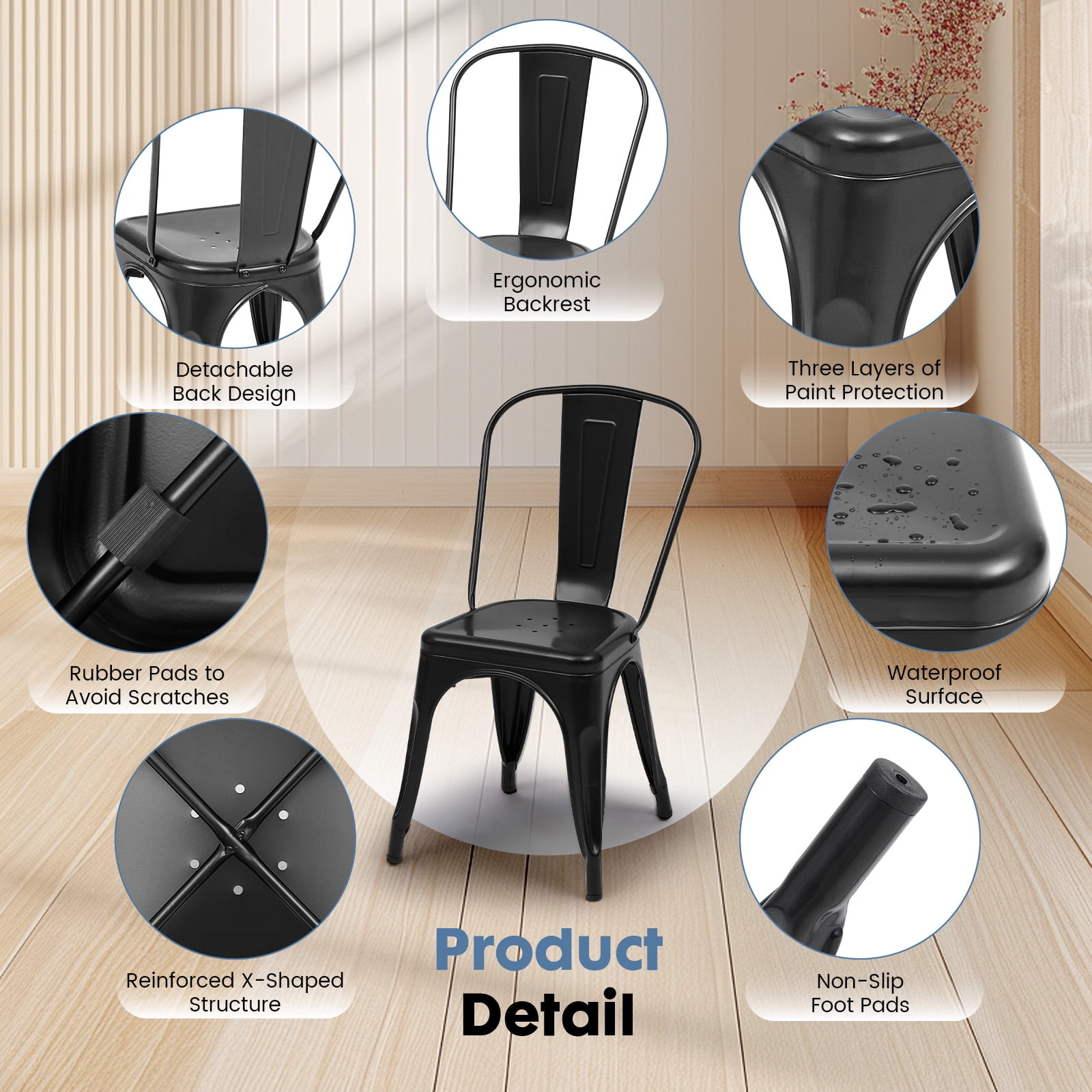 edx Metal Dining Chairs Set of 4, 18" Stackable Indoor Industrial Vintage Chairs, Black