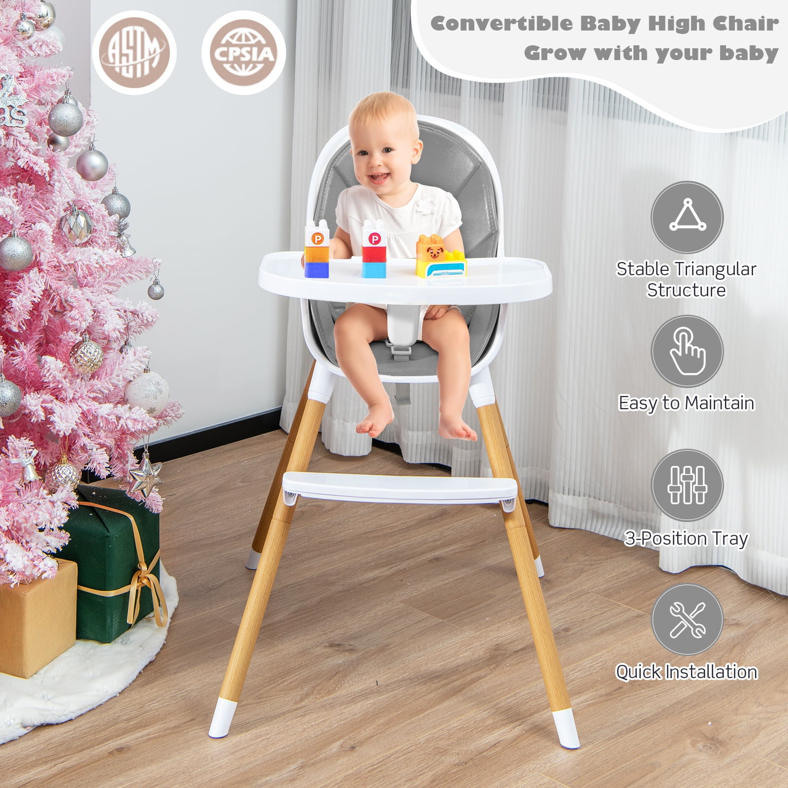 Infans 4-in-1 Infant Feeding Chair Convertible High Baby Chair w/Adjustable Tray Grey