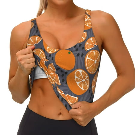 Qokaie Various Oranges Pattern Womens Scoop Neck Sports Bra Breathable Workout Vest Padded U Back Medium Impact Fitness Gym Yoga Bra Workout Crop Top