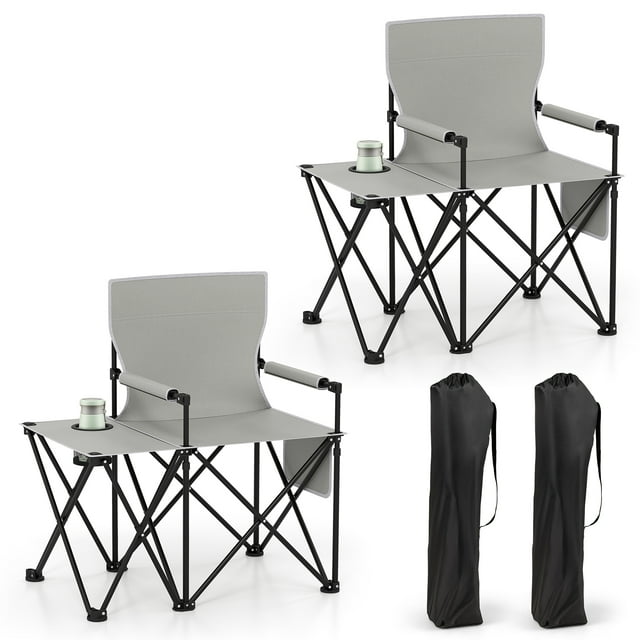 Gymax 2PCS Oversized Camping Chair w/Side Table 2 Storage Pockets Cup Holder for Trip Gray