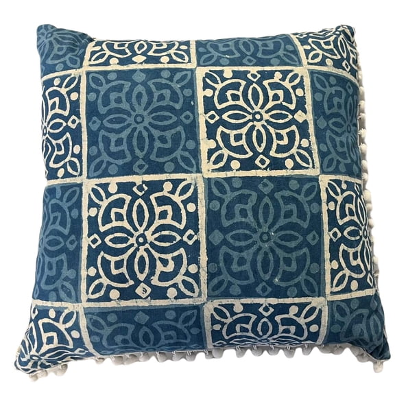 Homey Cozy Printed Cotton Square Decorative Pillow with Mini Tassels, Blue, 20X20