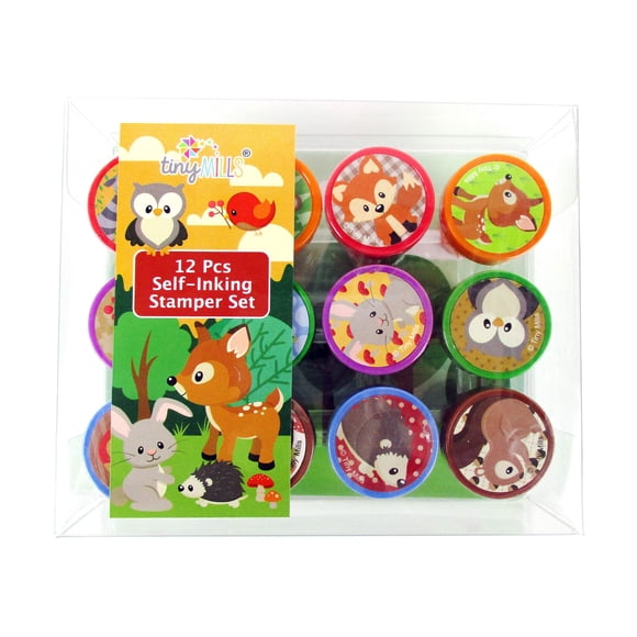 TINYMILLS 12 Pcs Woodland Animals Critters Stamp Kit for Kids Self Inking Stamps Gift Baby Shower Party Favors