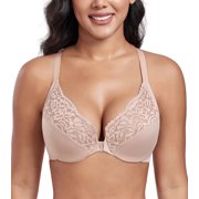Exerin Women's Front Closure Non Padded Underwire Plus Size Posture Back Support Bra(36DDD,Beige)