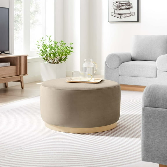 Modway Tilden Large 29" Round Performance Velvet Upholstered Ottoman in Taupe Natural