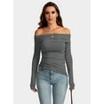 thumbnail image 3 of Women'S Off Shoulder Tops Dressy Long Sleeve Asymmetrical Slim Fit Going Out Fall Blouse Ruched Shirts Dark Gray XS, 3 of 5