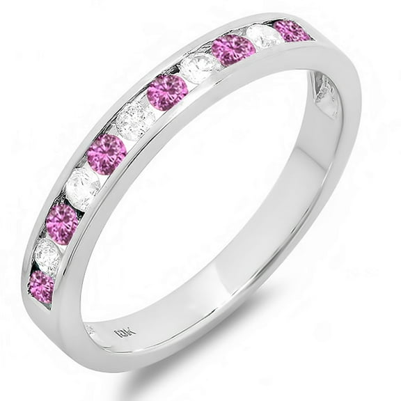 Dazzlingrock Collection 14K Round Pink Sapphire & White Diamond Ladies Wedding Stackable Ring Band, White Gold, Size 7.5