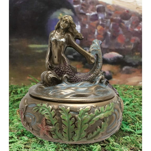 Ebros Bronzed Resin Mermaid Sitting Above Ocean Waves Small Round Trinket Box