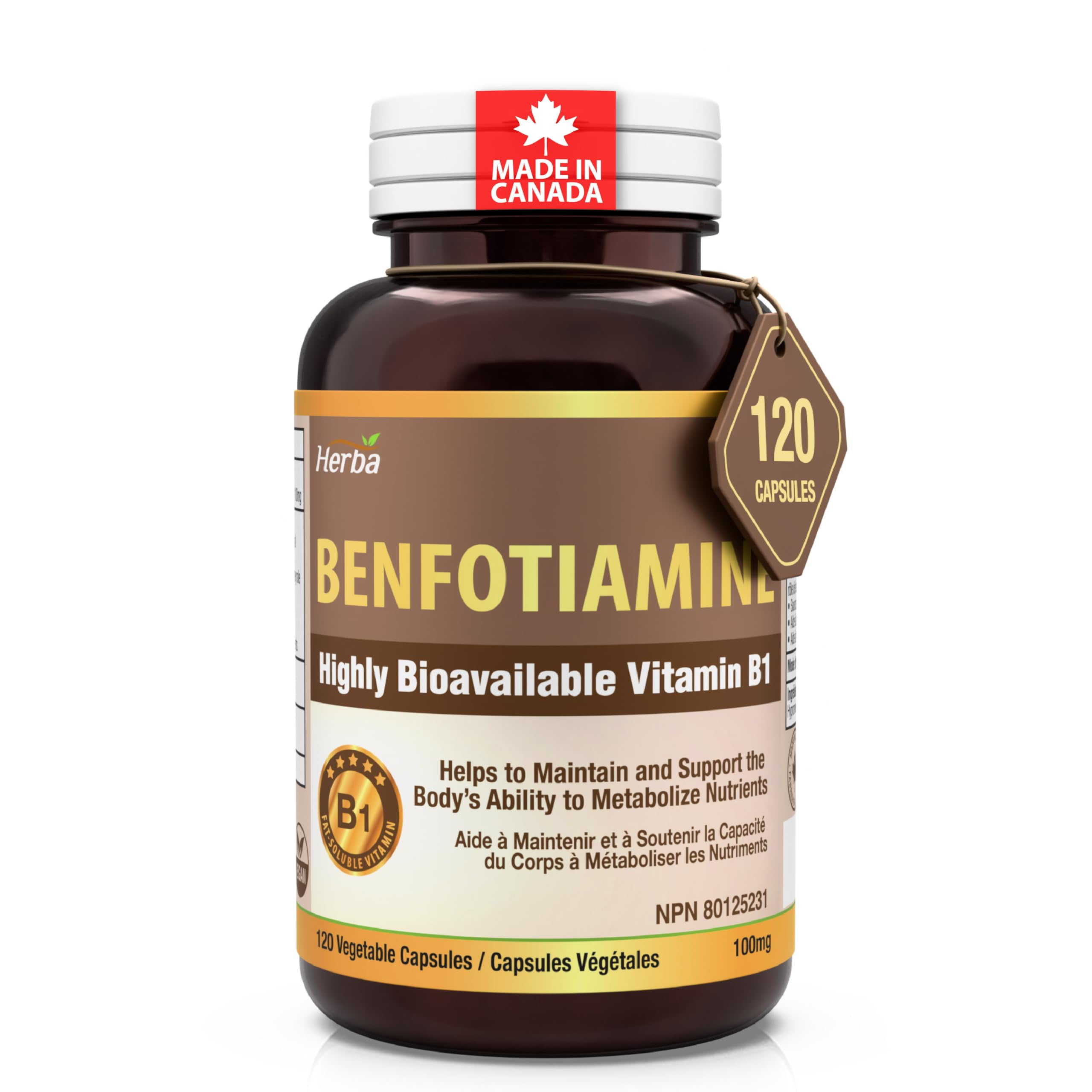 Herba Herba B1 Benfotiamine 100mg - 120 Capsules | Fat Soluble Vitamin B1 | Made in Canada