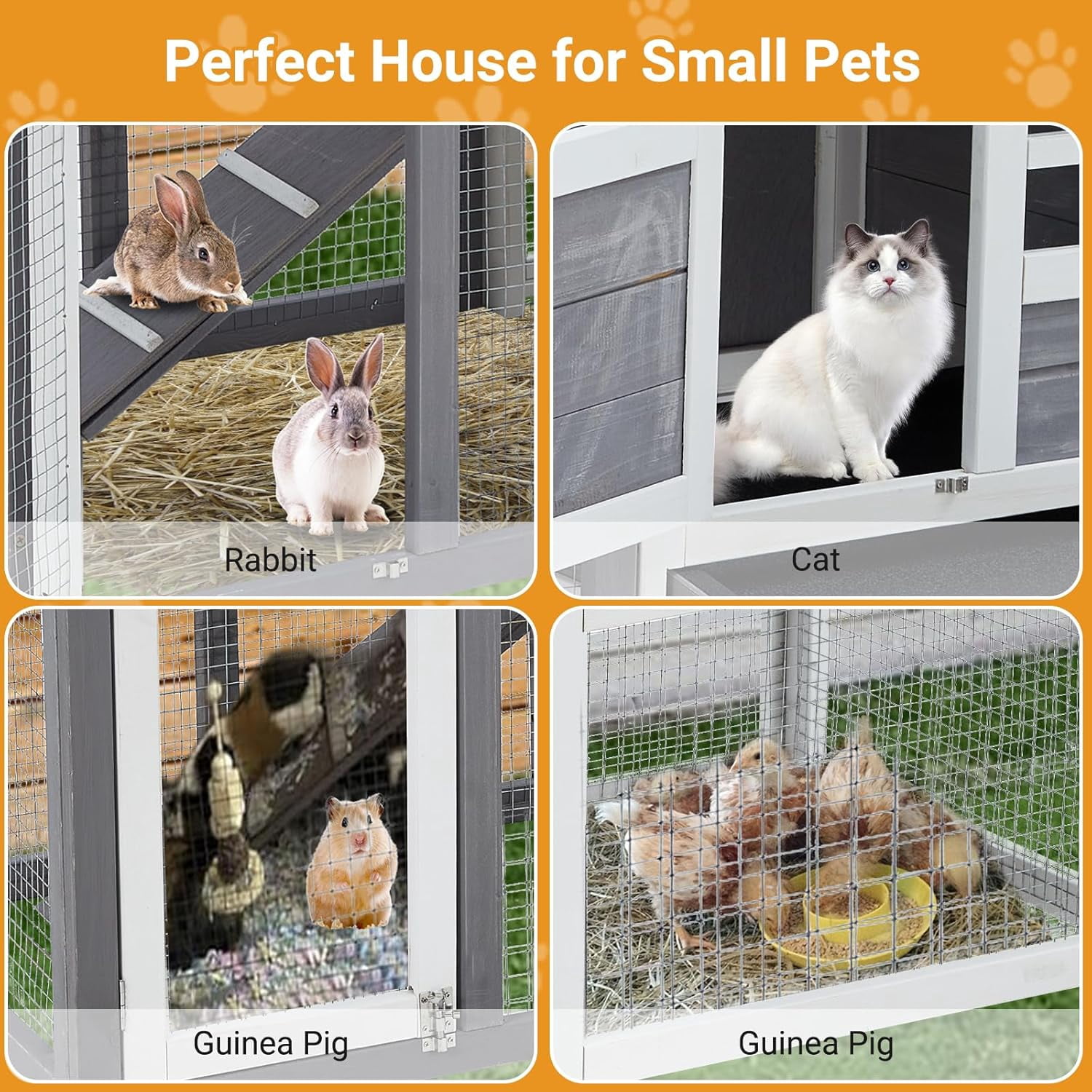 Furvclv 48" Wooden Rabbit Hutch for Small Animals, 2 Lockable Doors Animal Enclosure with Weather-Resistant Small House & Open Courtyard, Outdoor Bunny House with Wire Fence and Cleaning Tray