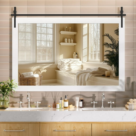 Hasipu 55"x36" Farmhouse Bathroom Mirror - White Rustic Wood Framed Wall Mounted Mirror, Vintage Vanity Mirror with Barn Door Style for Bathroom Living Room Decor