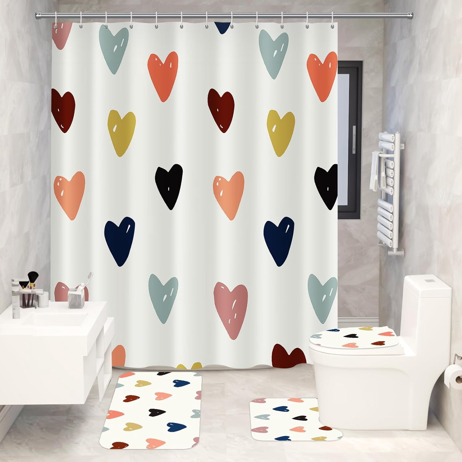 4 Pieces Cartoon Bear Shower Curtain Set Kawaii Bathroom Accessories, Toilet Lid and Non-Slip Rugs,Cute Waterproof Shower Curtain Bathroom Accessories Sets Home Decor,12 Hooks,72 x 72 Inches