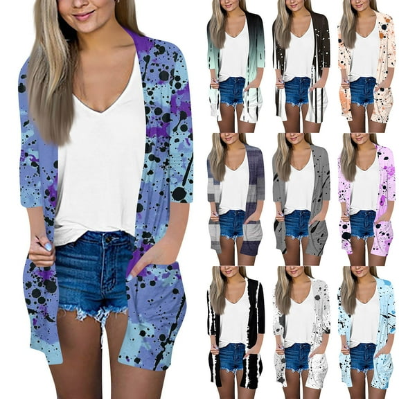 GXIPO Women's 3/4 Sleeve Cardigan Open Front Casual Lightweight Cardigans Summer Fall Floral Blue S