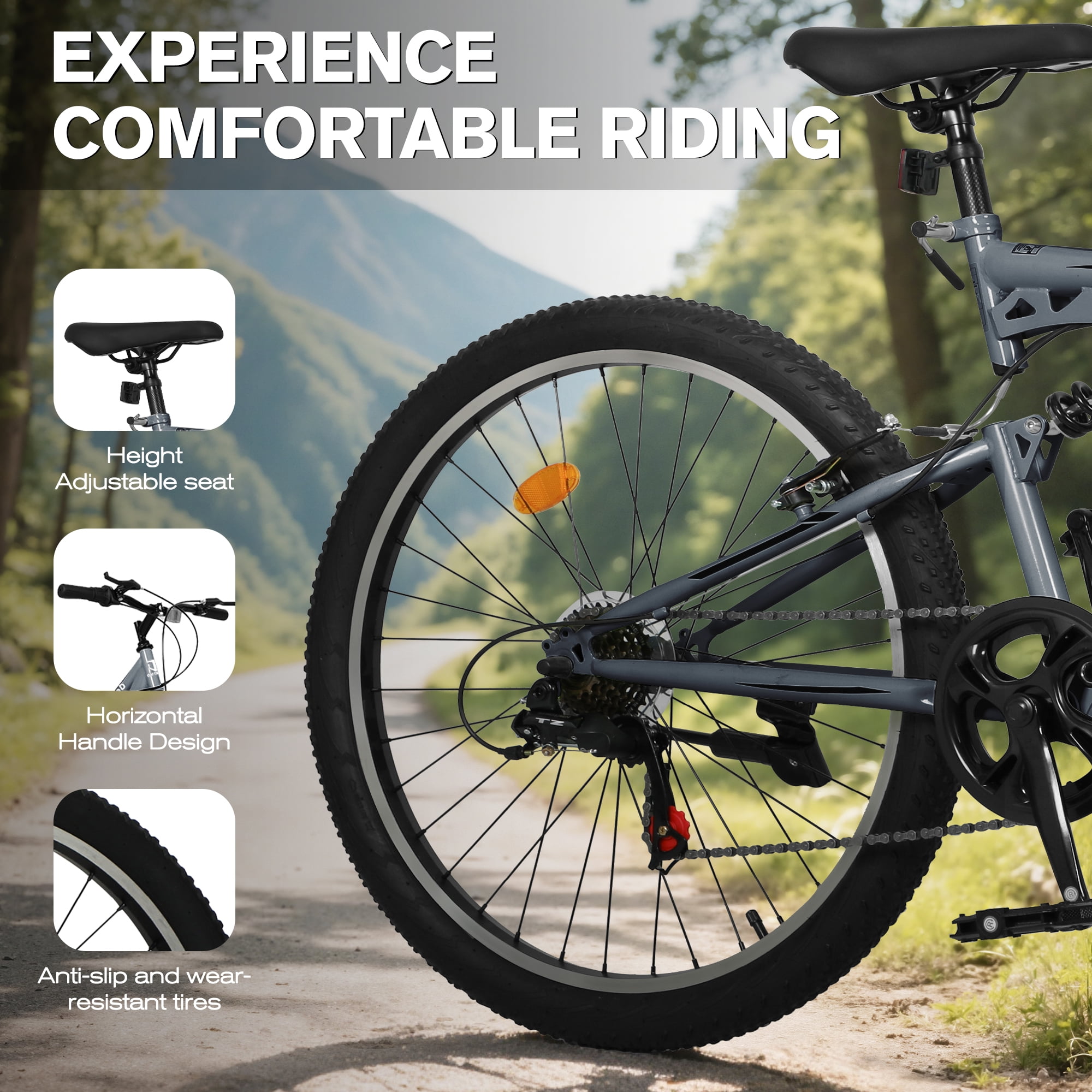 Marknig 26 inch Mountain Bike, 7 Speed Adult Bicycle with High-Carbon Steel Frame, Dual Disc & V-Brakes, Adjustable Seat for Men and Women,MTB with Shock Absorption System, Gray