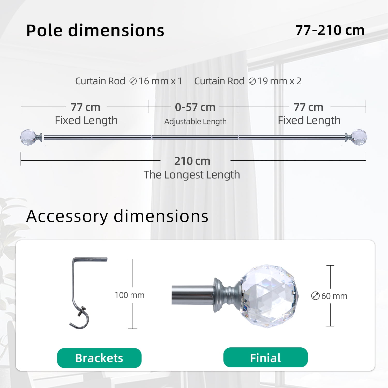 Curtain Rod Chrome Extendable Curtain Rod 36" to 72" Adjustable Curtain Rods Includes rods, ball finials, 3piece brackets, hardware kits