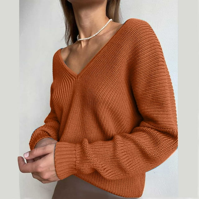 Qertyioot Chandails à Col en V pour Femmes Mode Automne Décontractée Manches Longues Tricot Uni