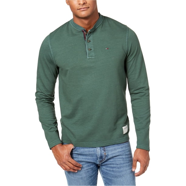 Tommy Hilfiger Mens LS Henley Shirt, Verde, X-Large