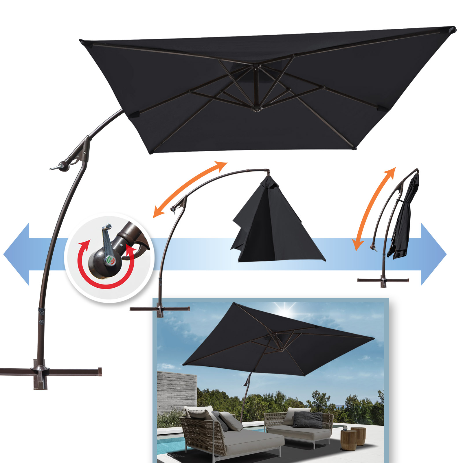 Sunrise Outdoor 10'x6.5' Banana Cantilever Patio Tilt Rectangle Hanging