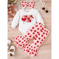 thumbnail image 3 of 2023 Newborn Baby Girls Valentines Clothes Set Long Sleeve Print Jumpsuit+ Heart Leopard Print Flare Pants+ Headband (Red Heart, 12-18 Months), 3 of 9