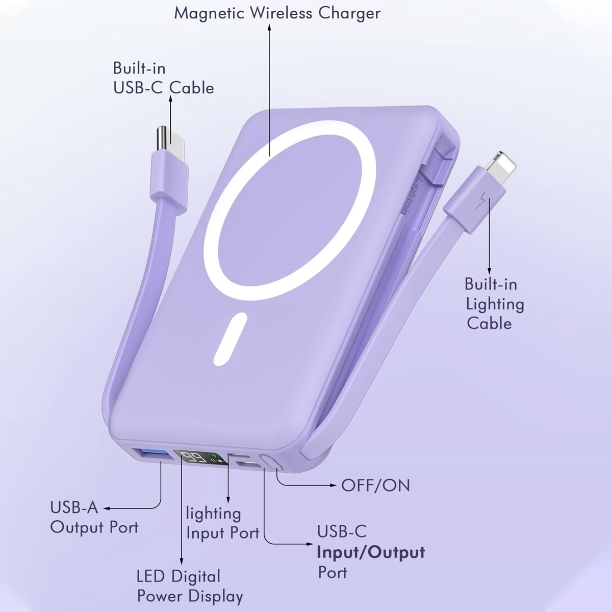 Podoru Wireless Portable Charger, 10000mAh Magnetic Power Bank Built-in USB C Lighting Cables 20W PD Fast Charging LED Display Battery Pack for iPhone 16/15/14/13/12/ All Series - Purple