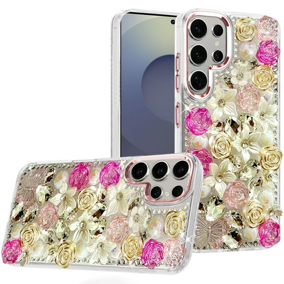 For Samsung S25 Ultra Case Full Floral Arrangement 3D Bling Cute Tempered Glass