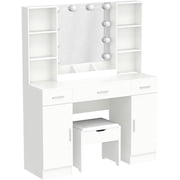 Vabches Modern Vanity Desk Set with Large Mirror and Stool, Large Makeup Table Set with 3 Drawers, 2 Cabinets & Storage Stool, Adjustable Lighting Colors