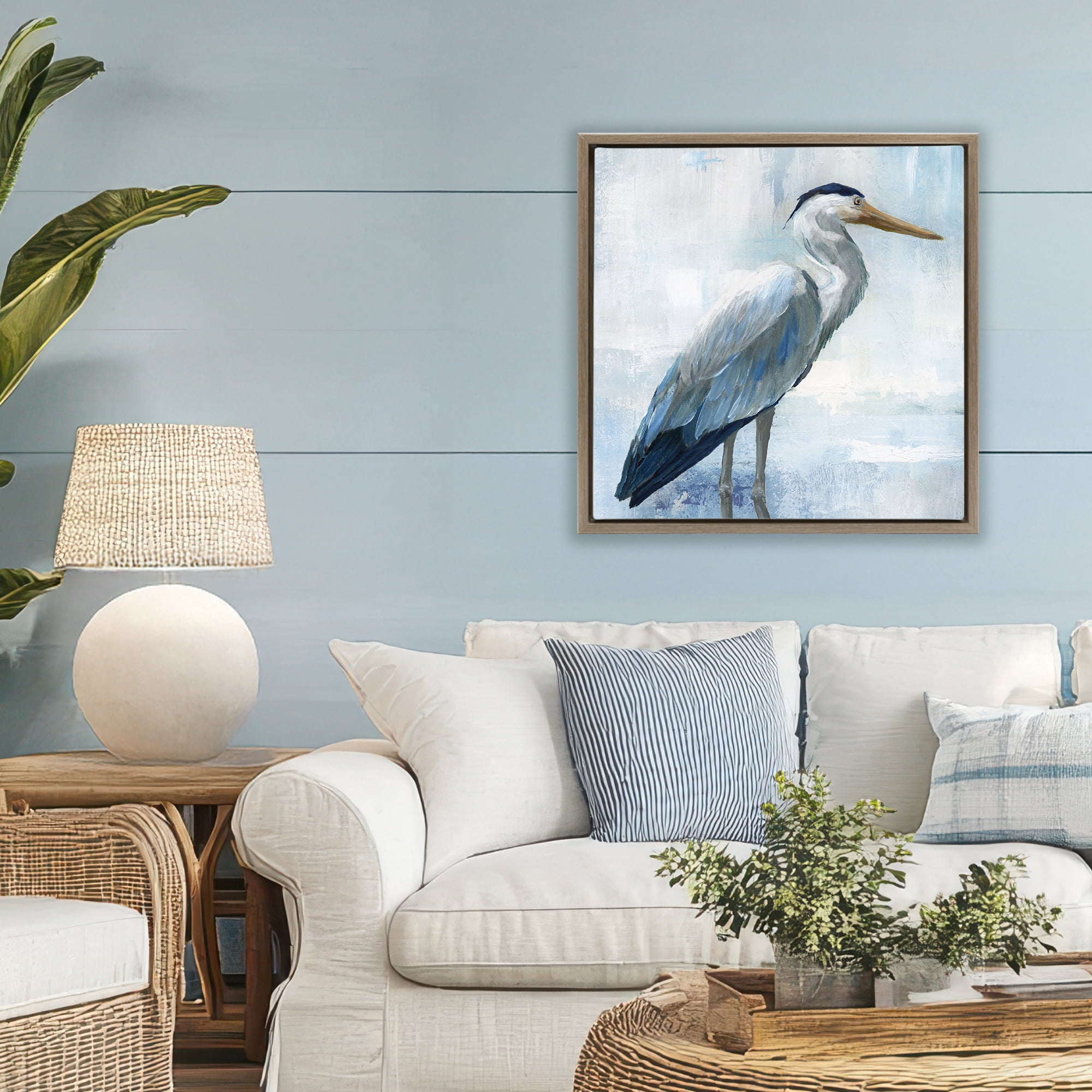 Stupell Industries Serene Blue Heron In Aqua Brown Framed Floater Canvas Wall Art, design by Nan