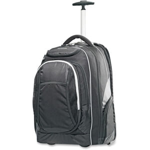 Samsonite Tectonic Carrying Case (Rolling Backpack) for 15.6  Notebook - Black  Gray With seven exterior and six interior pockets  this wheeled backpack offers storage space for all your travel essentials. Extra-strength fibers are interwoven into the fabric at specific intervals to provide exceptional tear strength in a lightweight material. Inline skate wheels are constructed of polyurethane with ball bearings to minimize frictional resistance  offer durability and reduce resistance for extra-smooth rolling. Retractable  push-button handle provides easy maneuverability when extended out from the case and stores neatly inside when not in use. Padded laptop compartment protects most 15.6  laptops from shocks while traveling. Quick-change back panel technology allows simple access to the padded shoulder straps. Felt-lined hidden pockets protect your valuable items from scratches and bumps. Stealth zippered water bottle pockets prevent bottles from falling out and keep them hidden from view.