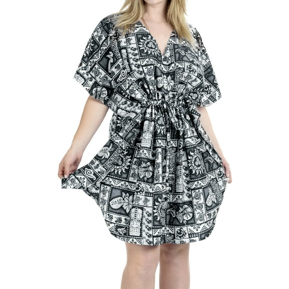 HAPPY BAY Women's Summer Loungewear Relaxed Fit Caftan Mini Casual Sundress 2X-3X Smokey, Hawaiian