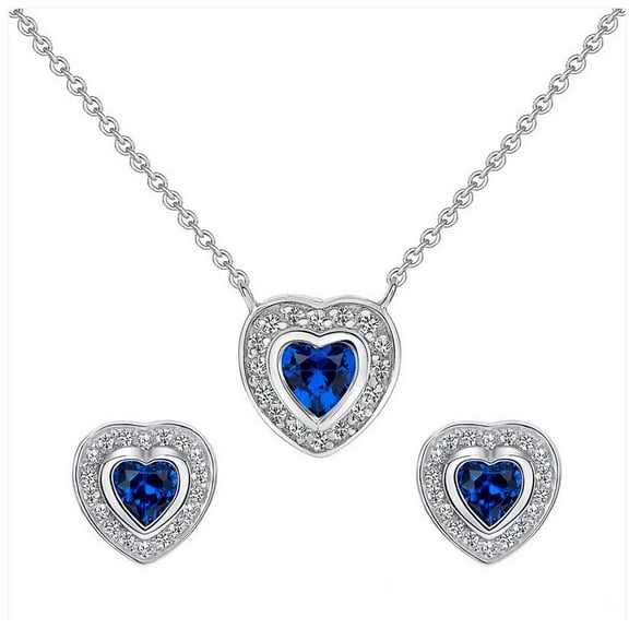 925 Sterling Silver Blue Heart Necklace & Earrings Set Made in Italy
