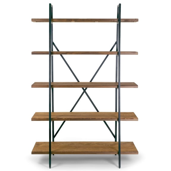 Ailis 71.5" Leaning Etagere Brown Pine Wood Metal Frame Bookcase Five-shelf Media Tower
