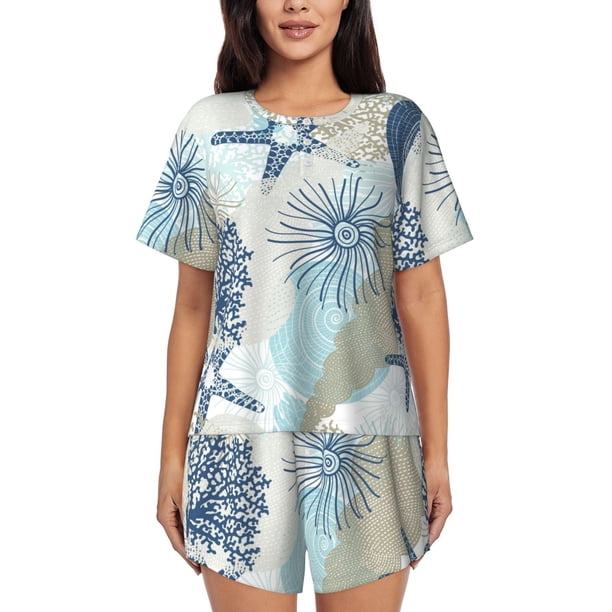 Fotbe Algae Corals and Seashells Conjunto de Pijama Estampado para Mujer, 2 Piezas, Ropa de Dormir con Camiseta de Manga Corta y Shorts Suaves-Medium