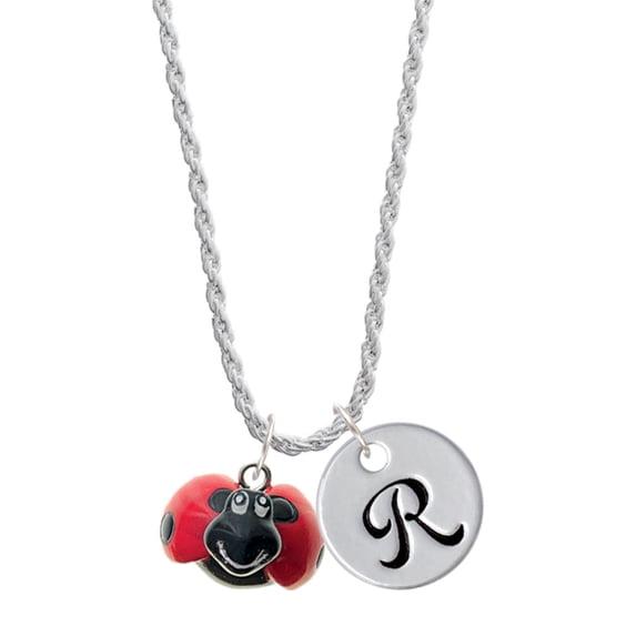 Delight Jewelry Resin Red & Black Ladybug Sweetie Silvertone Script Initial Disc - R - Charm Necklace, 20"+3"