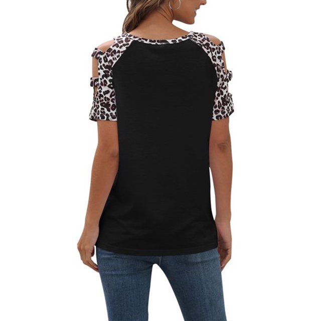 Qarigey Camisa de manga corta con hombros descubiertos y cuello con estampado de leopardo hueco para mujer Prendas para la parte del cuerpo Negro L