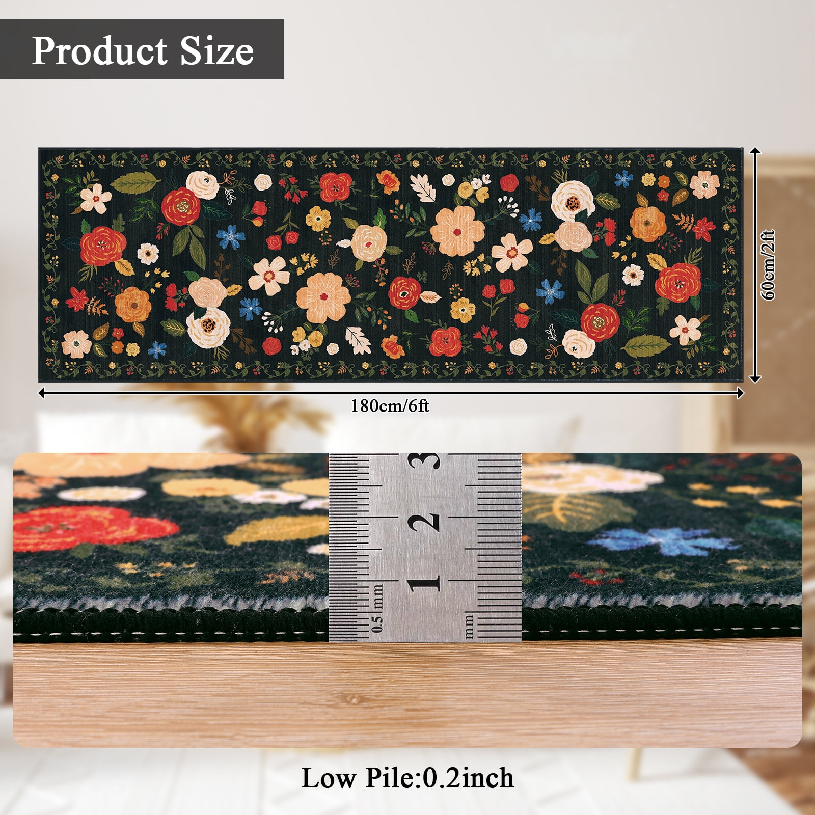 2'x 6' Boho Runner Rug for Hallways, Soft Non Slip Washable Runner Rug Floral Floor Carpet Runner Rug for Entryway Laundry Room Bathroom