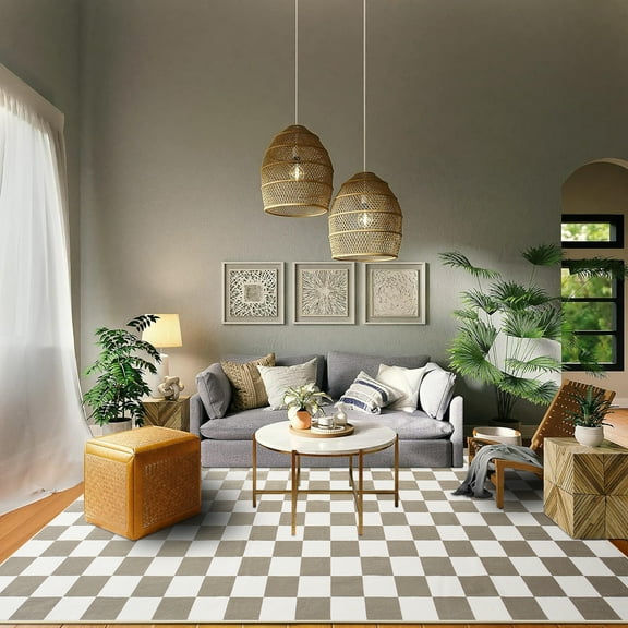 Dwelke Plaid Area Rug Checkered Rug Washable Rugs For Living Room Carpet Beige,6x9ft