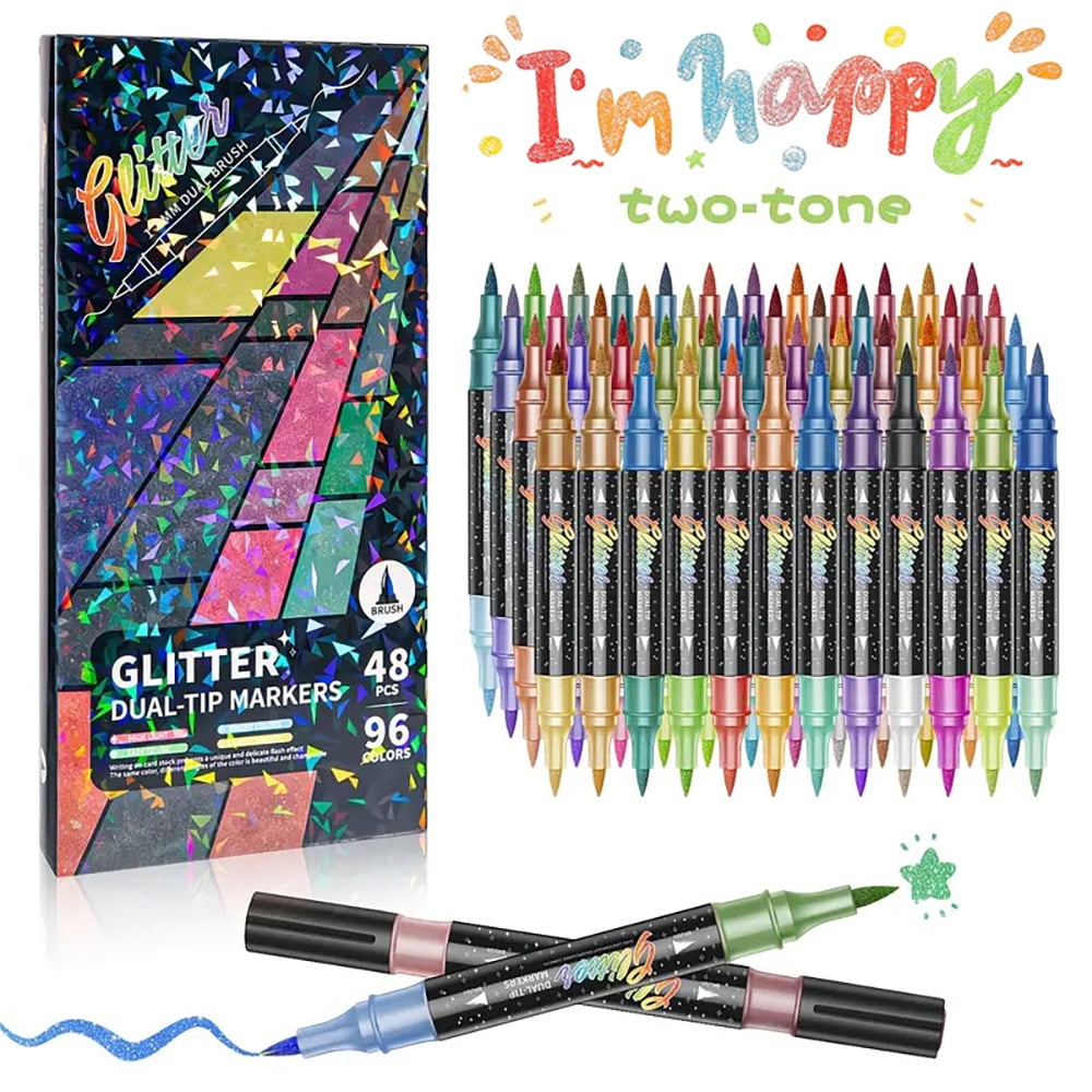Glitter Brush Markers, Dual Tip Brush Glitter Marker for Doodle Writing, Glitter Art Crafts Adults DIY Crafts Greeting Birthday Cards Making