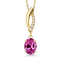 Gem Stone King 14K Yellow Gold Pink Created Sapphire and Lab Grown Diamond Pendant Necklace for Women | 1.68 Cttw | Gemstone September Birthstone | Oval 8X6MM | With 18 inch Chain