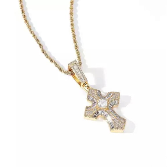 GKNET Hip Hop Cross Pendant Necklace TopBling 5A T Zircon Real Gold Plated Men Jewelry-Gold