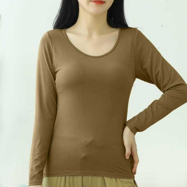 Pijama de manga larga para mujer, color liso, manga larga, cuello redondo, con copa acolchada, ropa de casa, pijama modal para mujer