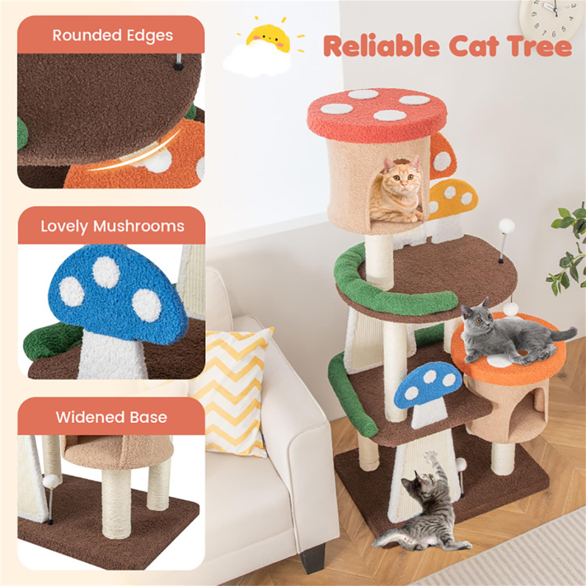Kadyn 57" Cat Tree Tower with Sisal-Covered Scratching Post, 4-In-1 Mushroom Cat Condo with Padded Perch, for Small Spaces, Kittens, Multicolor