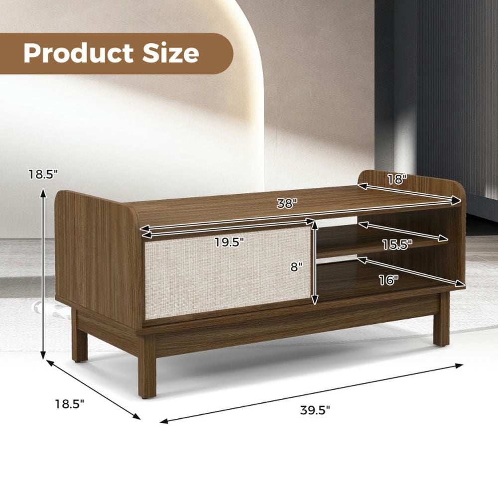 Finihen Coffee Table, Open Storage Shelf, Mid-Century Center Table with Storage and Weaving Sliding Door & Adjustable Shelf, for Home, Office, Living Room, Walnut Finihen Coffee Table, Open Storage Shelf, Mid-Century Center Table with Storage and Weaving Sliding Door & Adjustable Shelf, for Home, Office, Living Room, Walnut