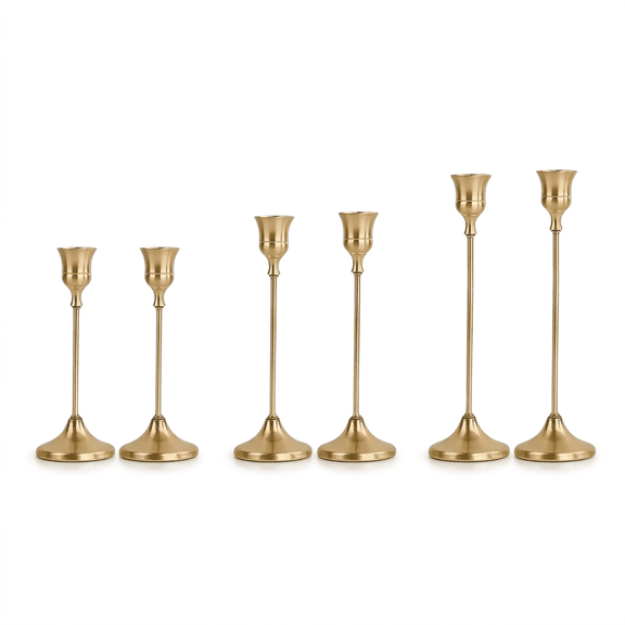 DUALFERV 6Pcs Gold Candle Holders Metal Centerpieces for Tables Taper Candle Stands Nightstand Decor