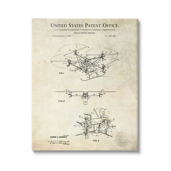 Stupell Industries Helicopter Aircraft Engine Blueprint Diagram Patent Text Canvas Wall Art, 36 x 48, Design by Karl Hronek
