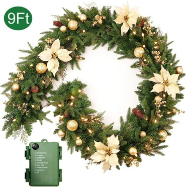 9ft Christmas Garland with 50 LED String Lights Battery Operated, 8 Lighting Modes, Golden Flower Christmas Outdoor Indoor Decorations for Front Door Stairs Railing  Xmas Decor