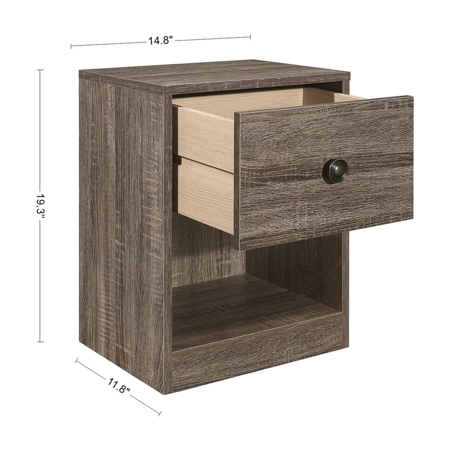 Home Design KD Night Stand with Drawer and Open Shelf, Gray, Easy assembly